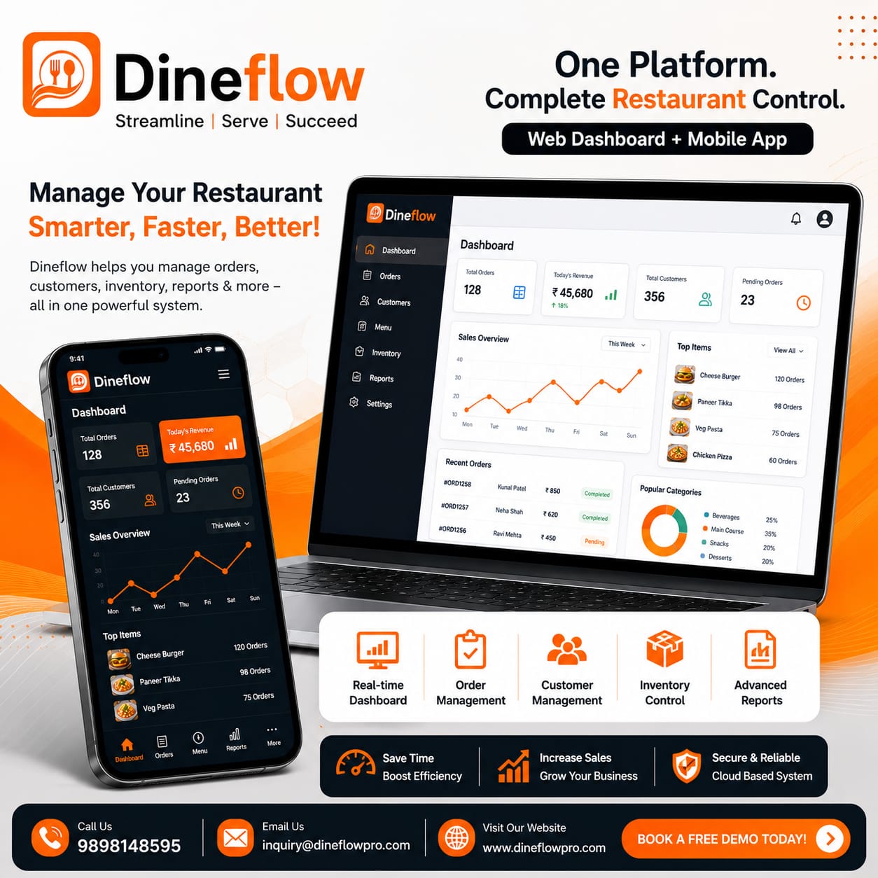DineFlow dashboard and mobile app showcase